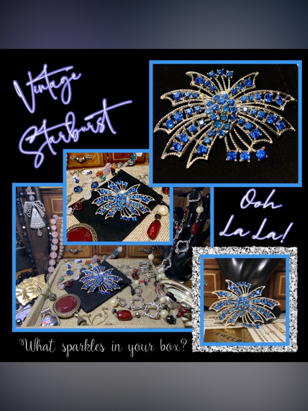 Vintage Blue Rhinestone Starburst Brooch - Picture 2 of 5